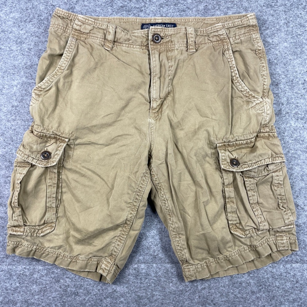 American Eagle Cargo Shorts Mens 34 Tan Khaki Longer Length Utility Y2K